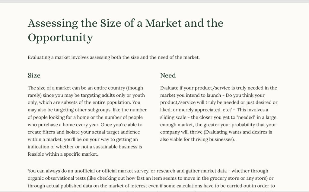Market Assessment page from The Transformational Start-up Guide
