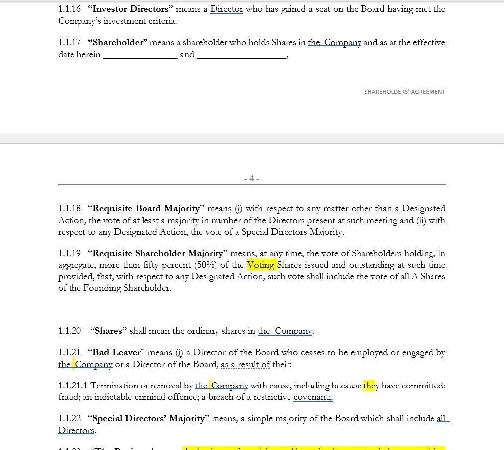 Shareholders Agreement with legal definitions and voting requirements