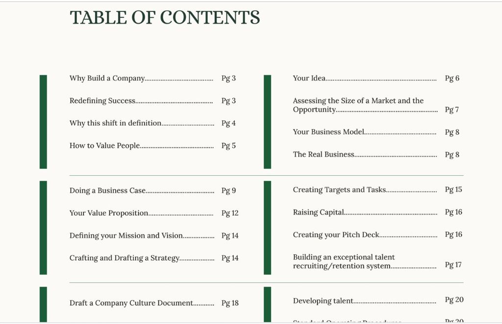 Table of Contents from The Transformational Start-up Guide