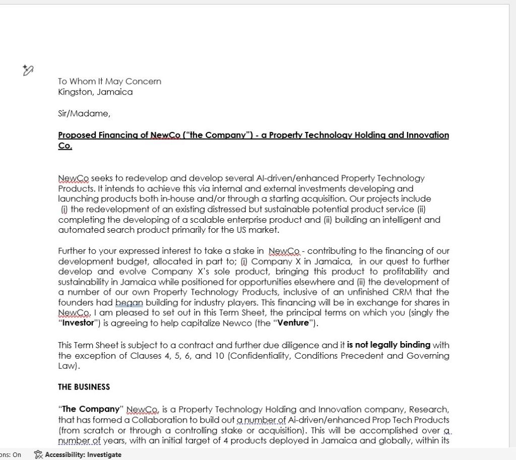 Complete Term Sheet for NewCo property technology financing